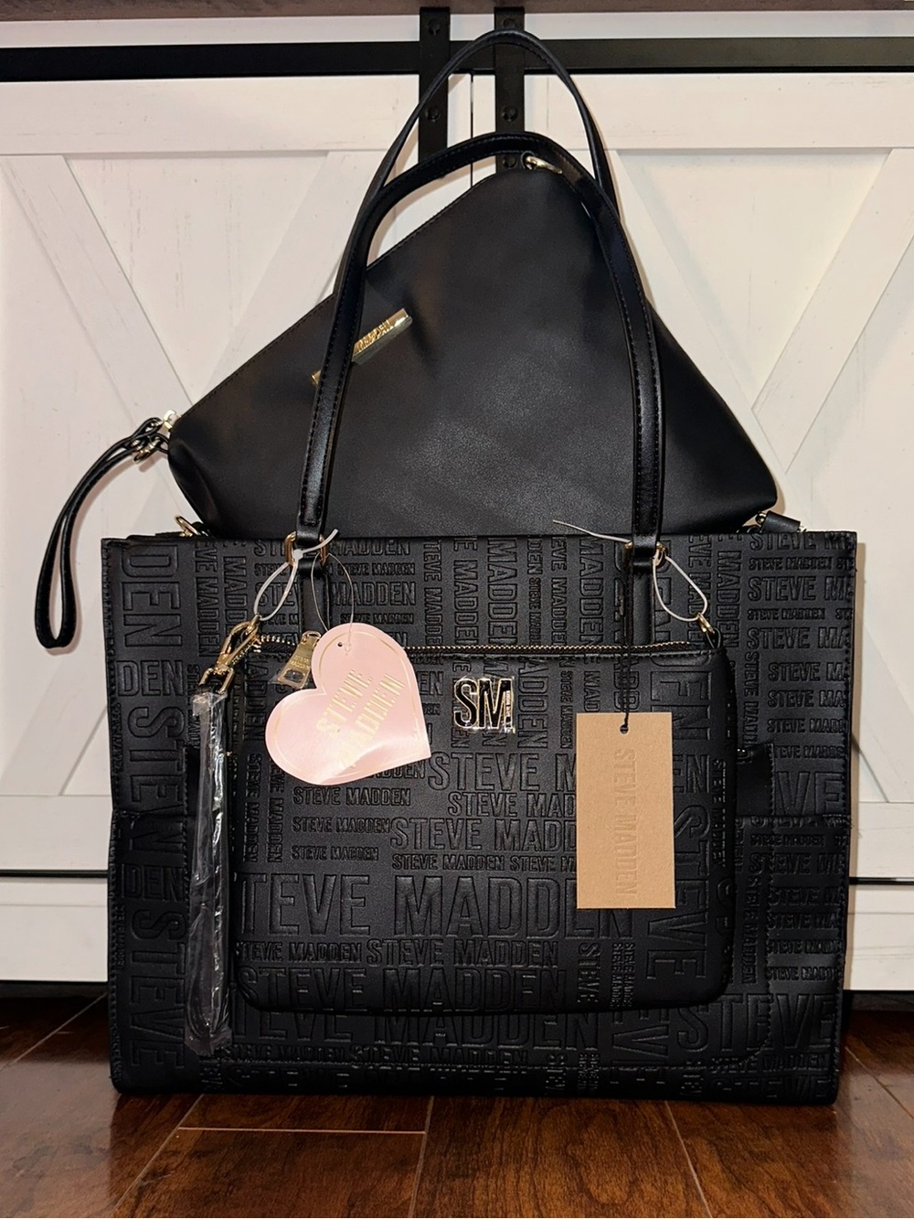 Steve Madden Black BLIVIA Embossed Logo 2 Piece Set Tote with Pouch